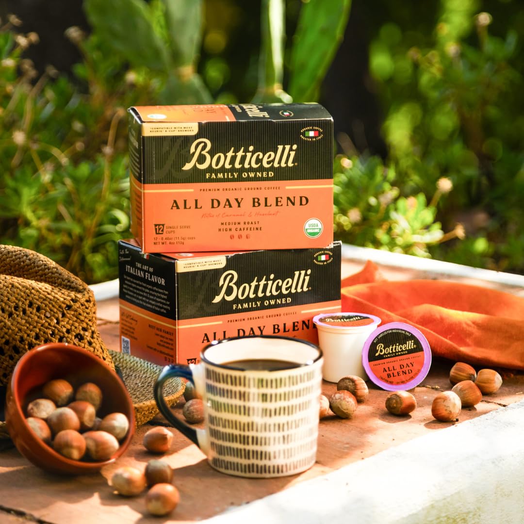 Botticelli USDA Organic All Day Blend Medium Roast Single Serve Coffee Pods, High Caffeine, Compatible with Most K-Cup Brewers, 12 Count, Notes
