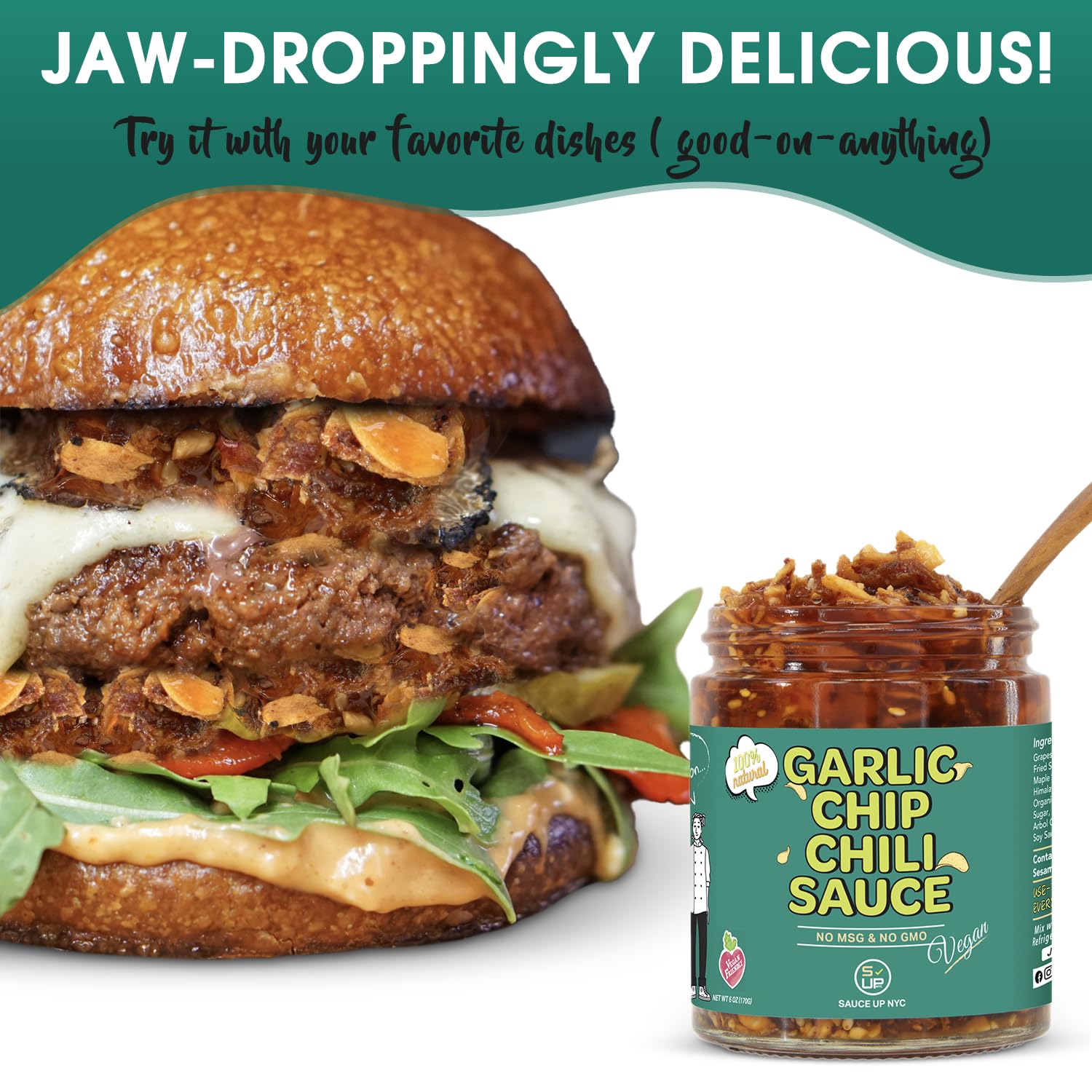 SAUCE UP Vegan Garlic Chip Chili Sauce - Super Crunchy Artisanal Topping & Condiment | Chef-Curated in NY with Fried Garlic Chips, Shallots & Peanuts