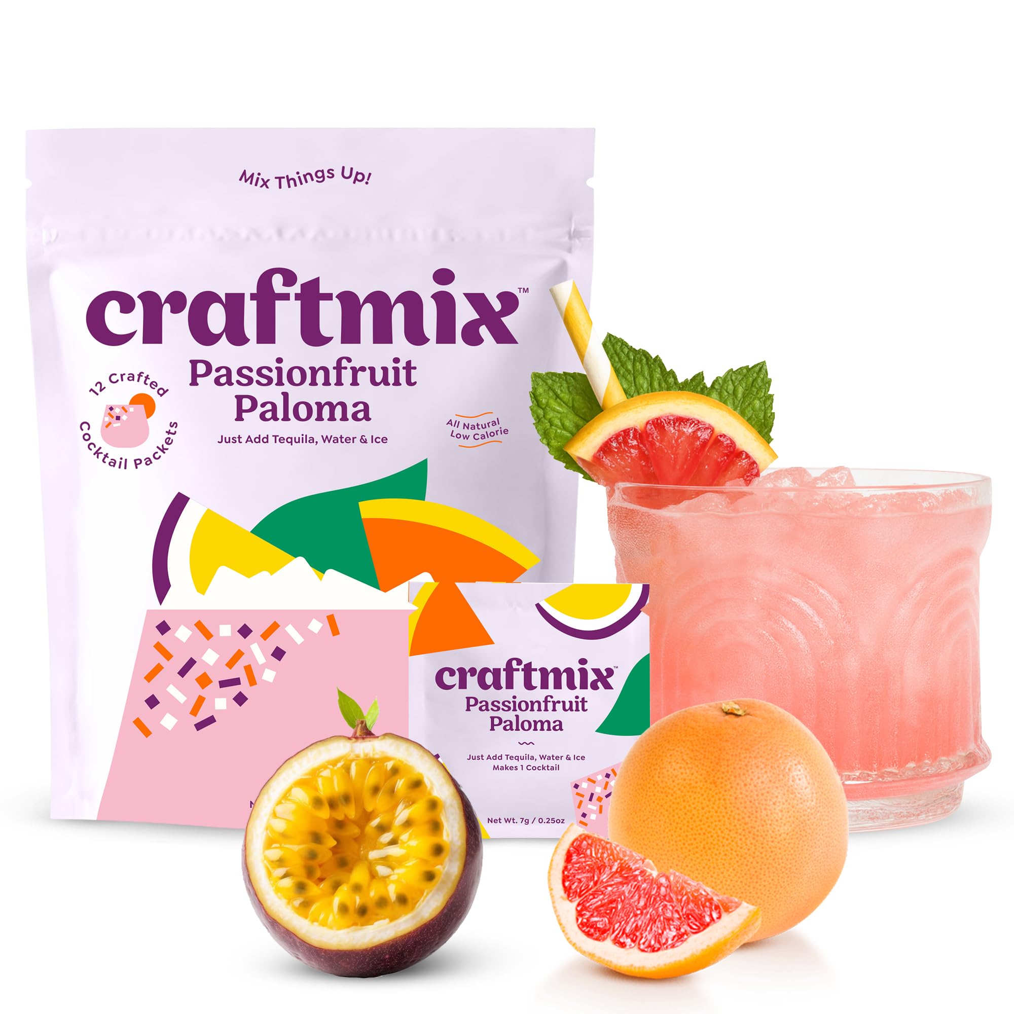 Craftmix Passionfruit Paloma Cocktail & Mocktail Drink Mixer, Skinny Mixes - Water Flavoring Packets - Made With Real Fruit - Vegan, No-Carb