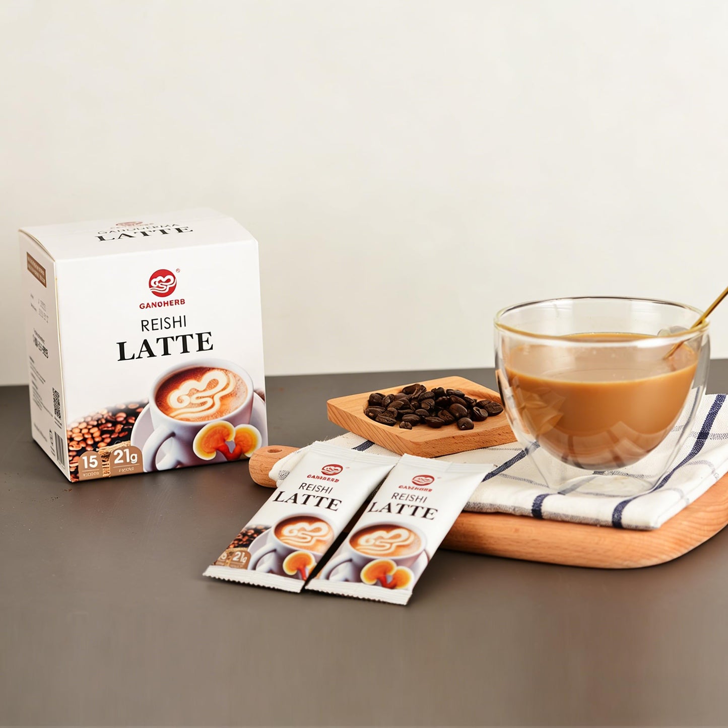 GANOHERB Reishi Mushroom Latte Coffee Powder, 4 in 1 Instant Arabica Coffee with Organic Ganoderma Lucidum Extract to Improve Appetite Stress Relief