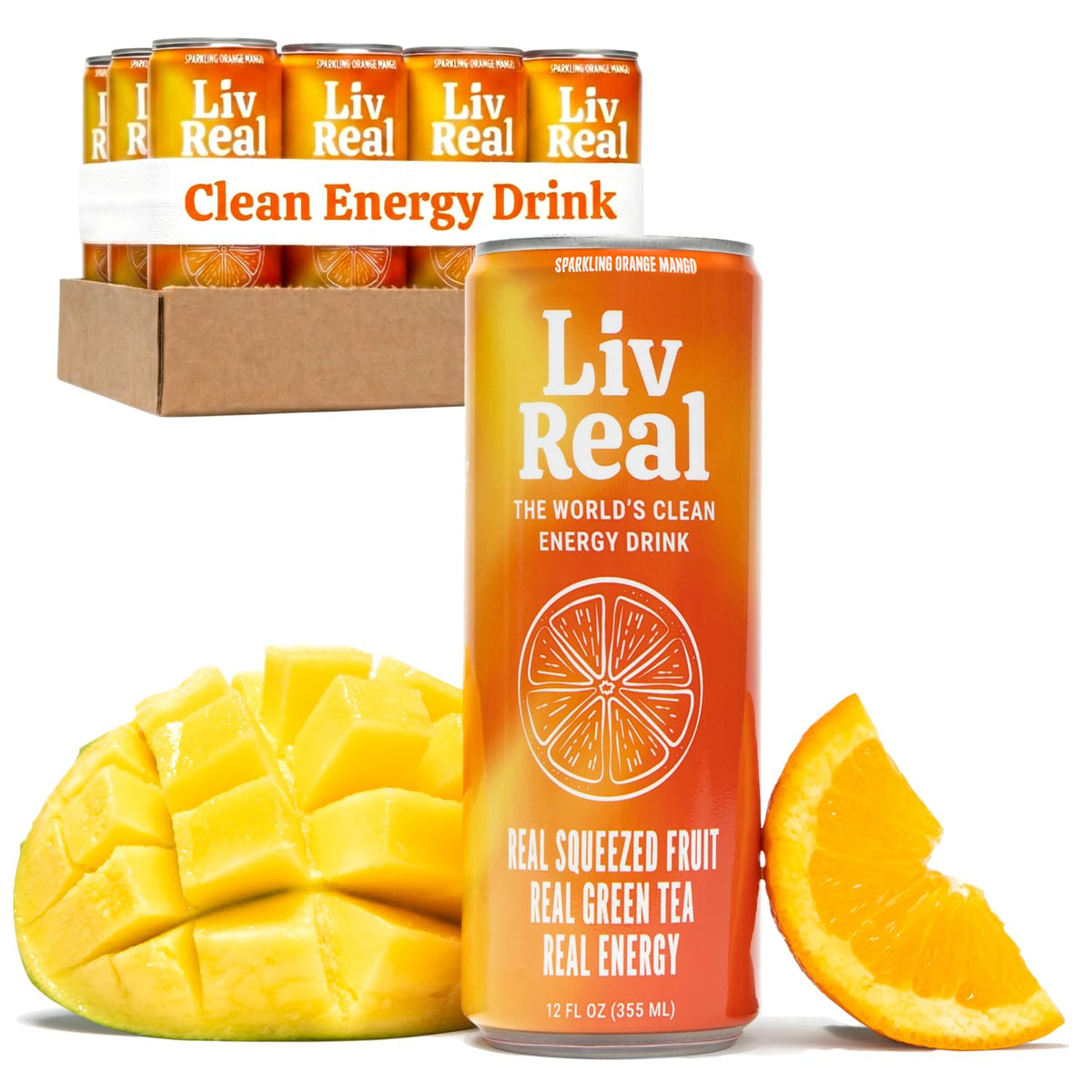 LivReal Clean Energy Drink - Organic Green Tea Caffeine 125mg + L-Theanine 100mg - Real Fruit, No Sweeteners or Flavorings - Vitamin C & B Complex