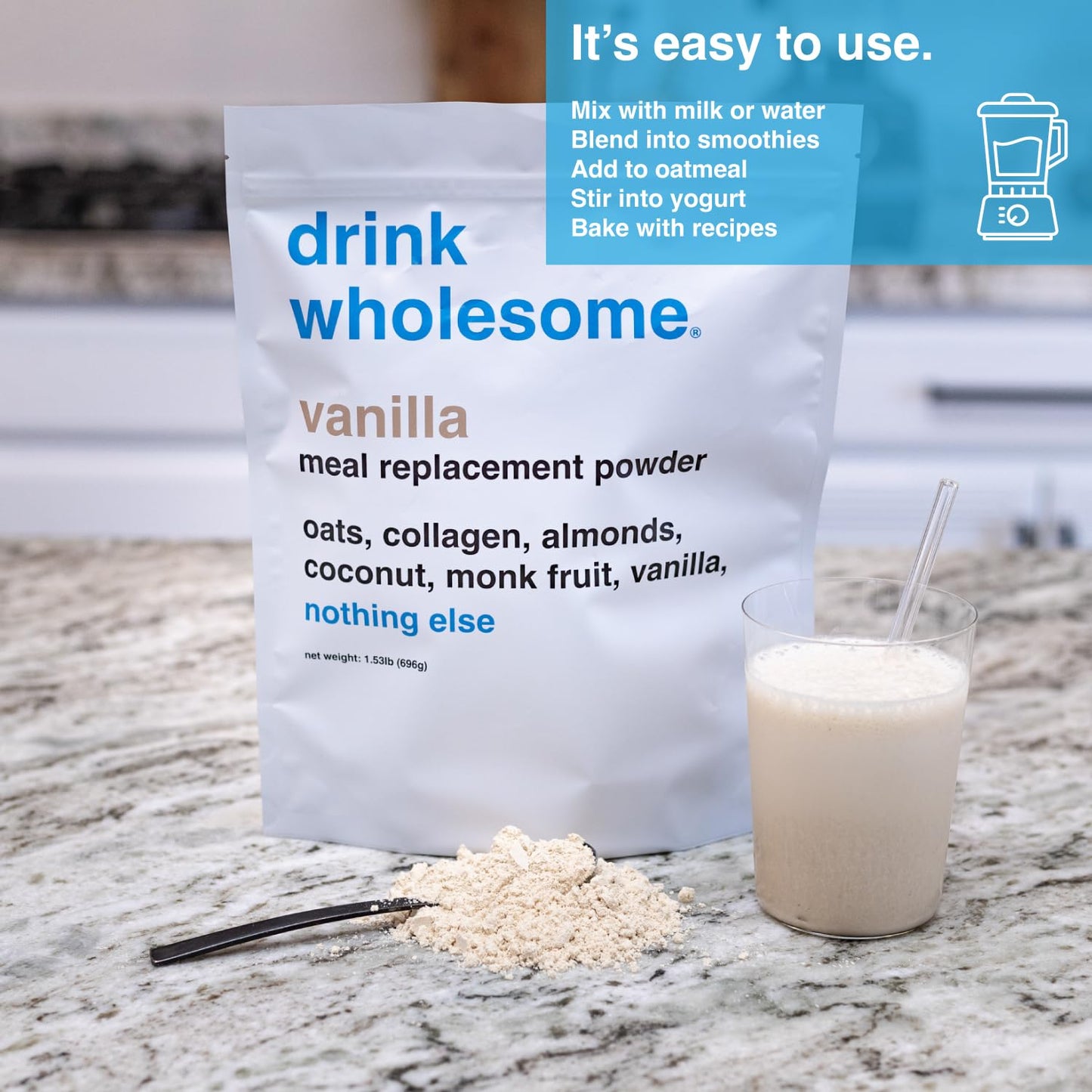 Drink Wholesome Vanilla Meal Replacement Powder for Sensitive Stomachs | Minimally-Processed, Whole-Food Meal | Additive-Free, Dairy-Free, Gluten-Free