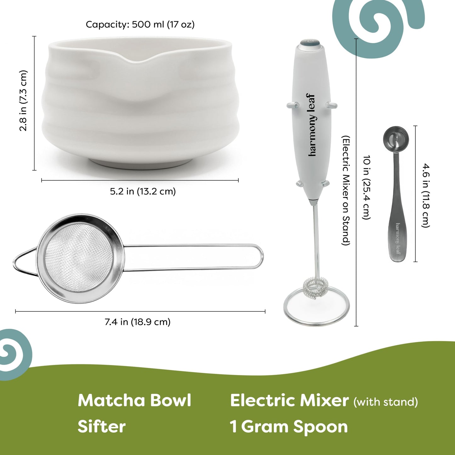 Modern Matcha Complete Kit, 4 Piece Set with Sifter, One Half Teaspoon Scoop, Ceramic Bowl and Electric Milk Frother