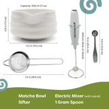 Modern Matcha Complete Kit, 4 Piece Set with Sifter, One Half Teaspoon Scoop, Ceramic Bowl and Electric Milk Frother