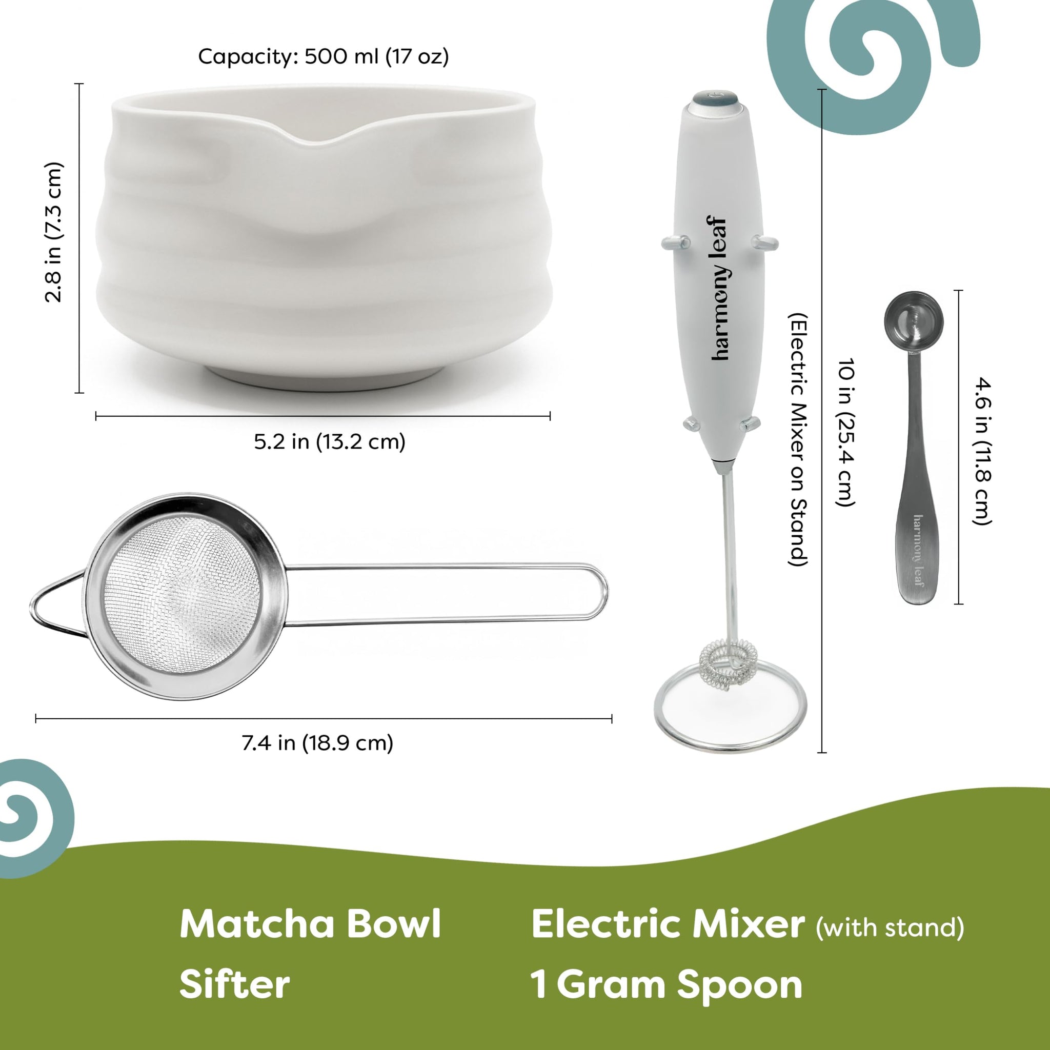 Modern Matcha Complete Kit, 4 Piece Set with Sifter, One Half Teaspoon Scoop, Ceramic Bowl and Electric Milk Frother