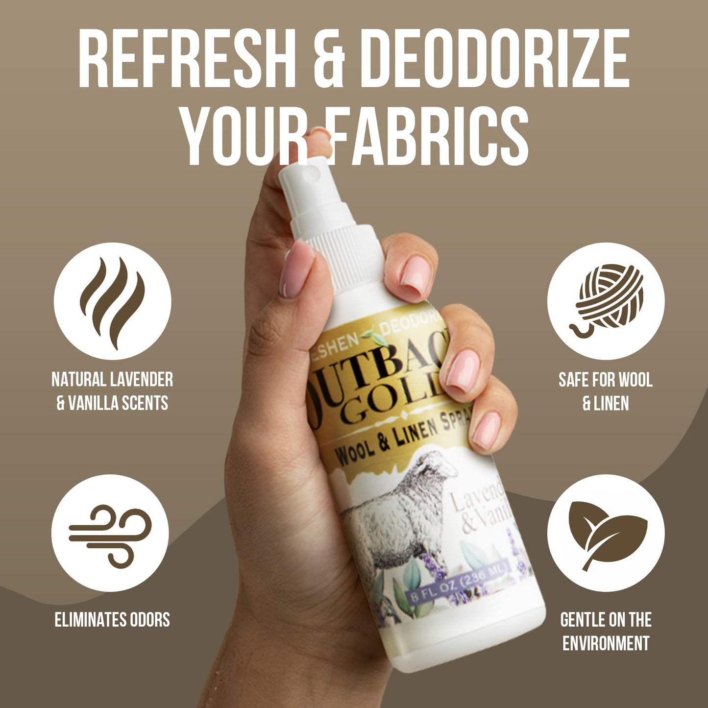 Outback Gold - Linen Spray & Fabric Freshener Spray, Natural Bed Spray for Wool & Linen, Lavender & Vanilla Scent, Essential Oils, Eco-Friendly