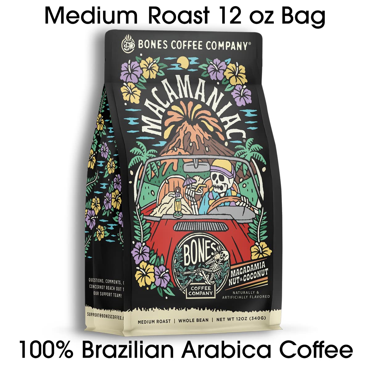 Bones Coffee Company Macamaniac, Macadamia and Coconut Flavored Coffee, Medium Roast Low Acid Arabica Beans Compatible with Auto drip and French Press