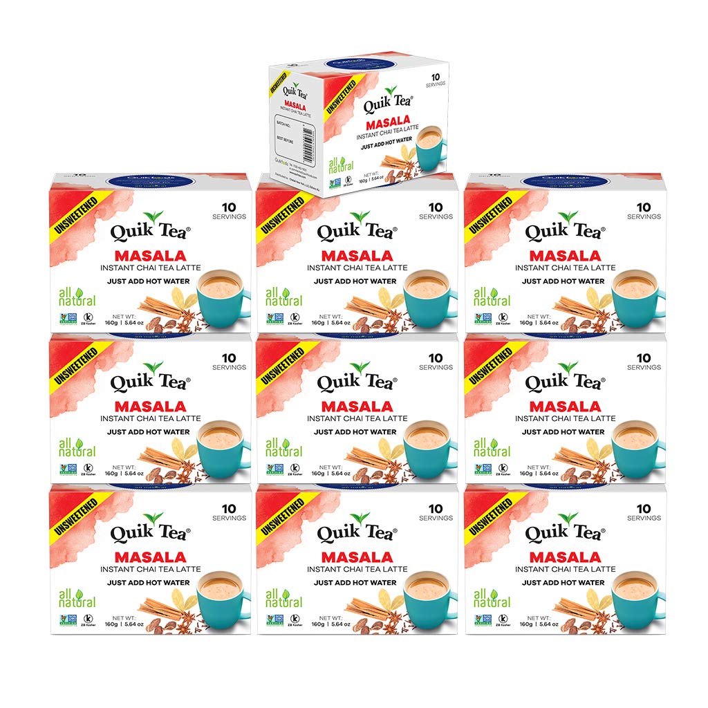 QuikTea Unsweetened Masala Chai Tea Latte - 100 Count (10 Boxes of 10 Each) - All Natural Preservative Free Authentic Instant Chai