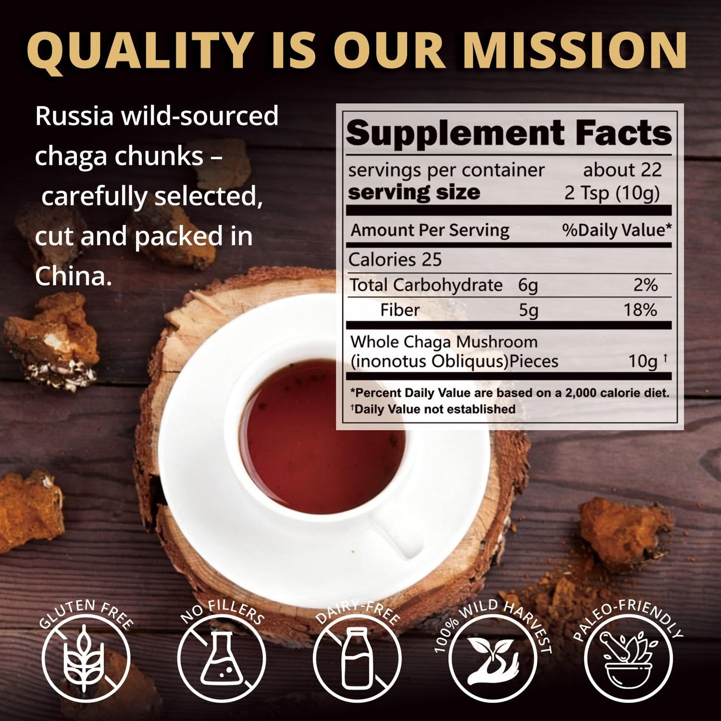 Chaga Mushroom Chunks - 8 Ounce, 100% Wild Harvested with Black Top Crust, Premium Raw Chaga Tea Chunks - Antioxidants, Focus, Healthy Drinks