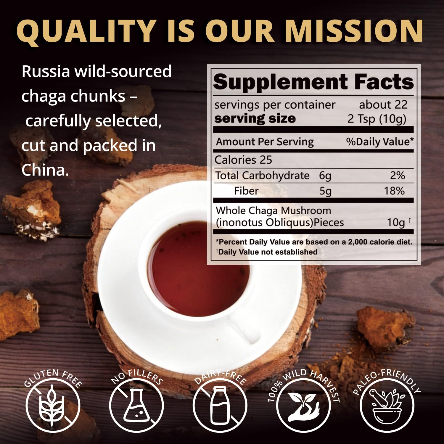 Chaga Mushroom Chunks - 8 Ounce, 100% Wild Harvested with Black Top Crust, Premium Raw Chaga Tea Chunks - Antioxidants, Focus, Healthy Drinks