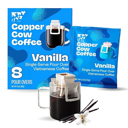 Copper Cow Coffee Premium Pour Over Single-Serve Vietnamese Coffee Pouches (8 pack) | Vanilla | Dark Roast | Flavored with Vanilla Beans | Convenient