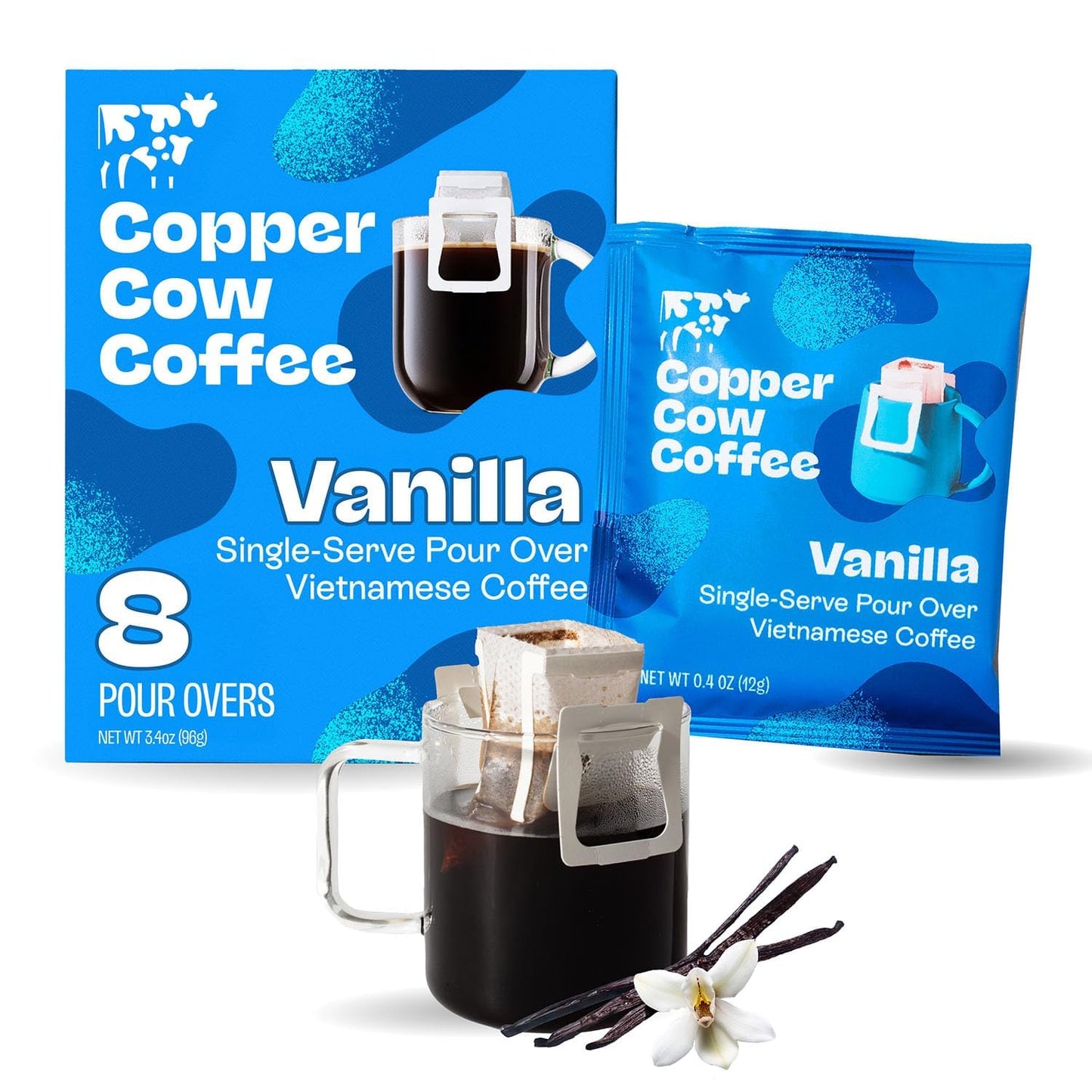 Copper Cow Coffee Premium Pour Over Single-Serve Vietnamese Coffee Pouches (8 pack) | Vanilla | Dark Roast | Flavored with Vanilla Beans | Convenient