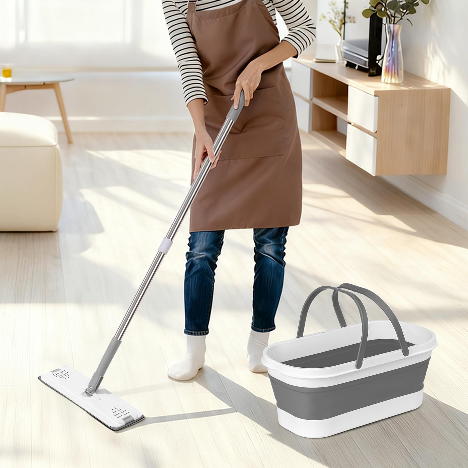 Flat Mop and Bucket Set with Heavy Duty Scrub Brush, 2 Washable Reusable Microfiber Pads, for Tile Hardwood, Wall Cleaning, Home Indoor or Outdoor
