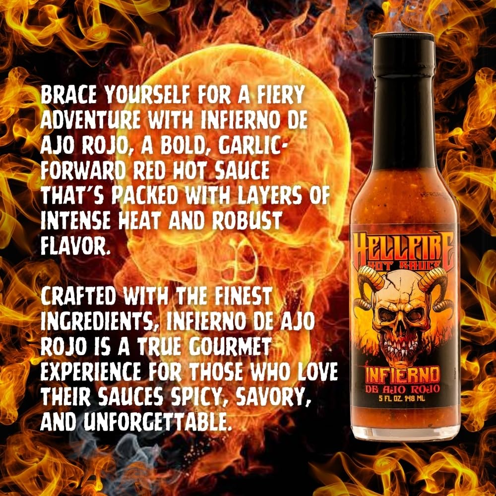 Hellfire Hot Sauce Infierno De Ajo Rojo - Gourmet Red Salsa Hot Sauce With Garlic and Carolina Reaper Peppers, 5 oz.