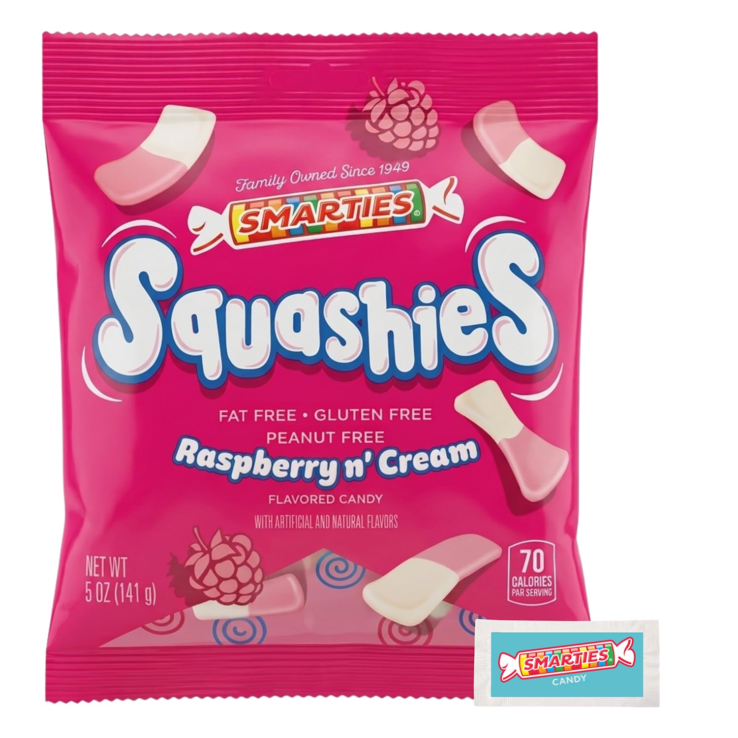 Smarties Squashies Foam Gummy Candies & Smarties Sample Packet Variety-Pack - Raspberry & Cream Flavored - Allergen Free, Peanut Free & Gluten Free