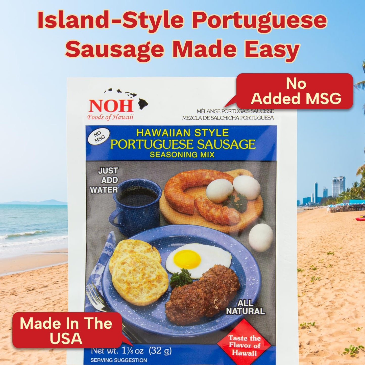 NOH Portuguese Sausage Seasoning Mix, 1.125 oz Packet (Pack of 3) - Easy-to-Use Hawaiian Portuguese Sausage Seasoning Powder Mix, Ideal for Breakfast
