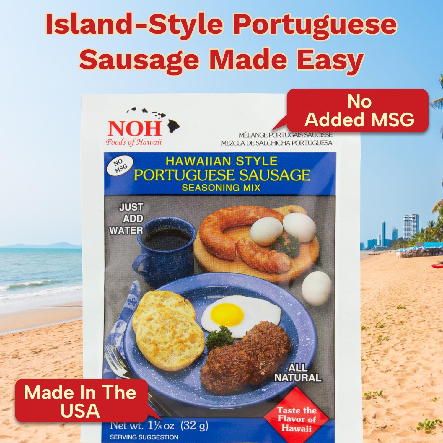 NOH Portuguese Sausage Seasoning Mix, 1.125 oz Packet (Pack of 3) - Easy-to-Use Hawaiian Portuguese Sausage Seasoning Powder Mix, Ideal for Breakfast