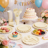 200Pcs Ivory Paper Plates and Napkins, 9’’and 7’’ Disposable Scalloped Cream Party Plates Cups Napkins Forks Set Party Supplies for Baby Shower Bridal