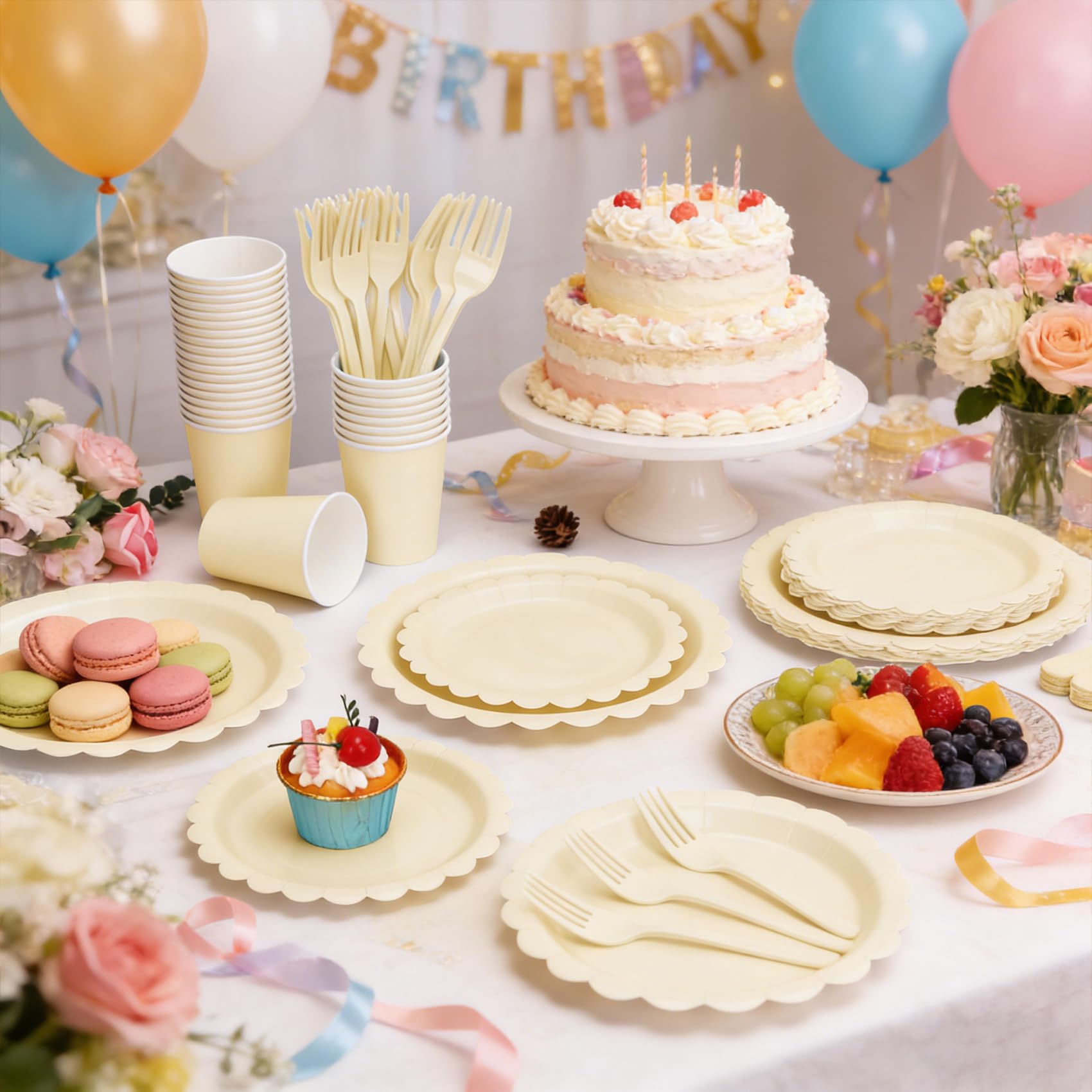 200Pcs Ivory Paper Plates and Napkins, 9’’and 7’’ Disposable Scalloped Cream Party Plates Cups Napkins Forks Set Party Supplies for Baby Shower Bridal