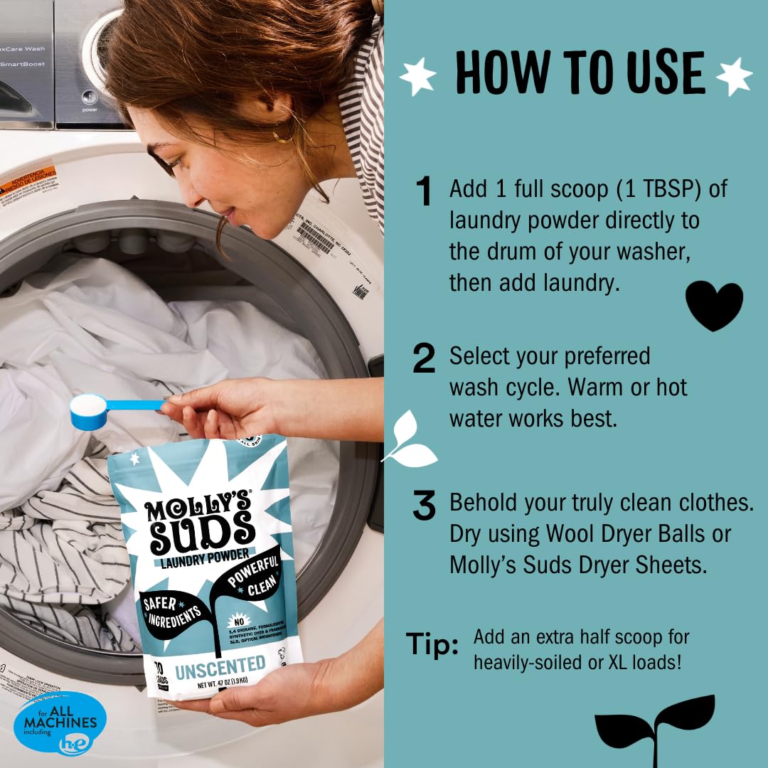 Molly's Suds Original Laundry Detergent Powder | Clean Laundry Detergent Powder for Sensitive Skin | Simple, Effective Ingredients, Stain Fighting |