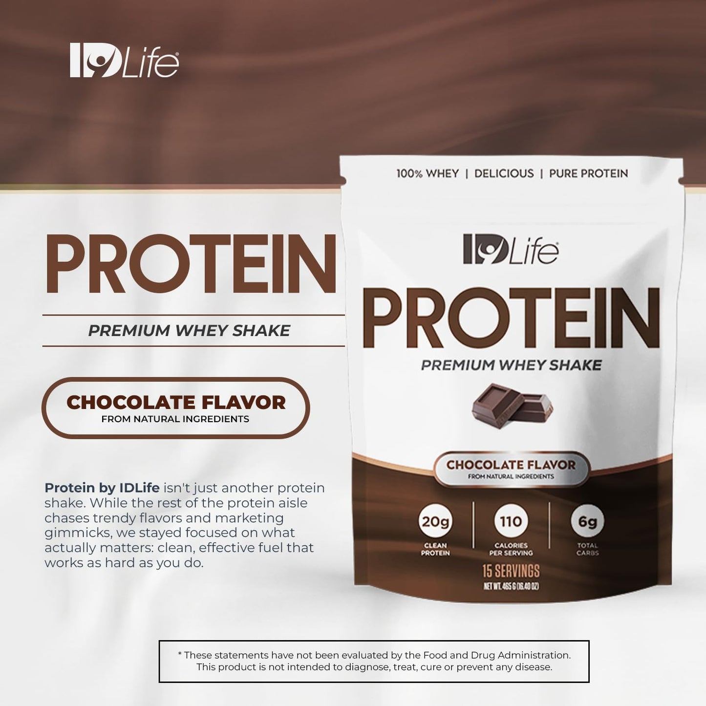 IDLife - Protein Shake - Chocolate Premium Whey Powder, 20g Protein, 110 Calories, 6g Carbs, Clean Nutrition Blend - 15 Servings 420g