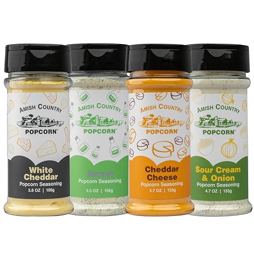 Amish Country Popcorn | Seasoning Variety Pack | 4 Bottles | White Cheddar - Cheddar Cheese - Sour Cream & Onion -Ranch | Nut Free | Old Fashioned