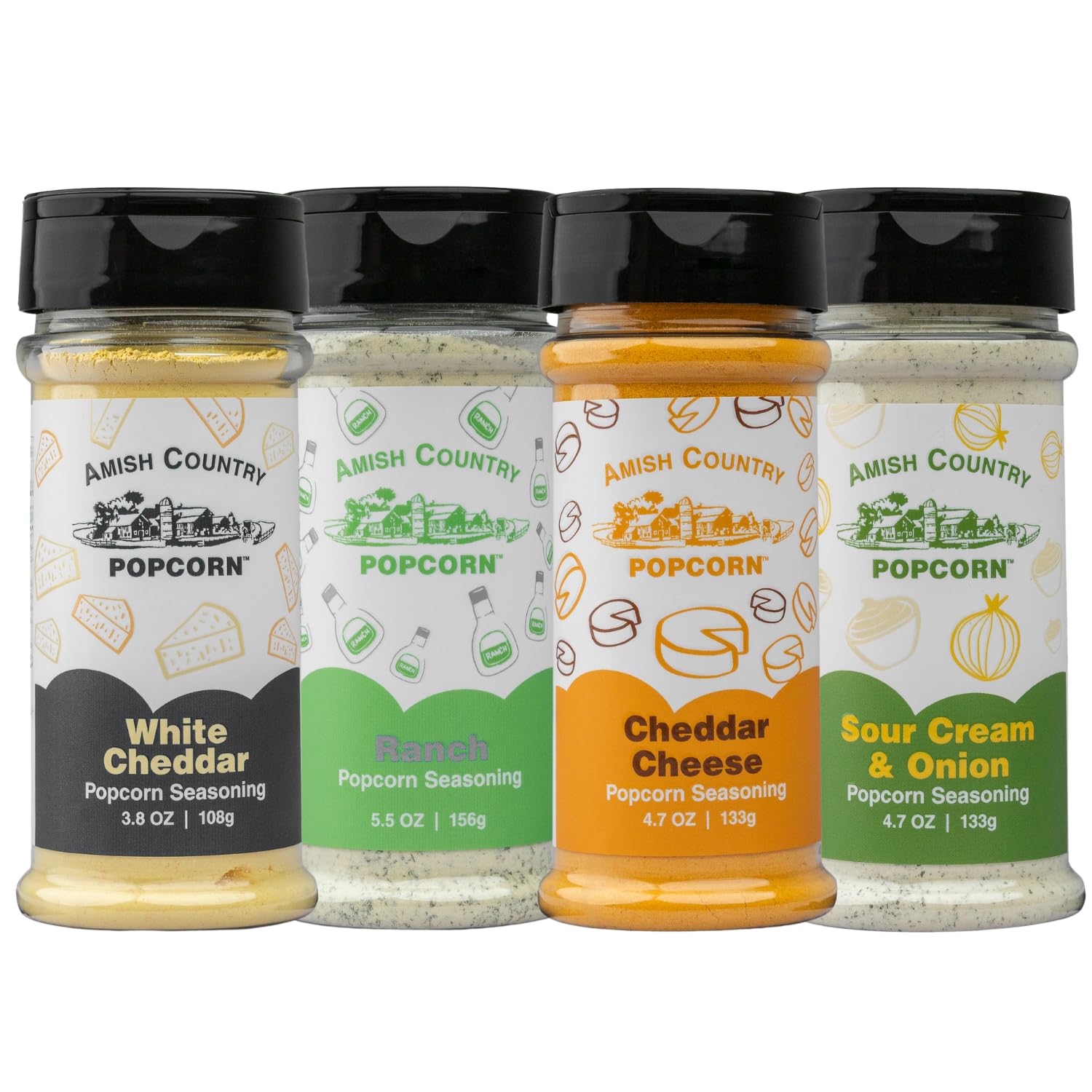 Amish Country Popcorn | Seasoning Variety Pack | 4 Bottles | White Cheddar - Cheddar Cheese - Sour Cream & Onion -Ranch | Nut Free | Old Fashioned