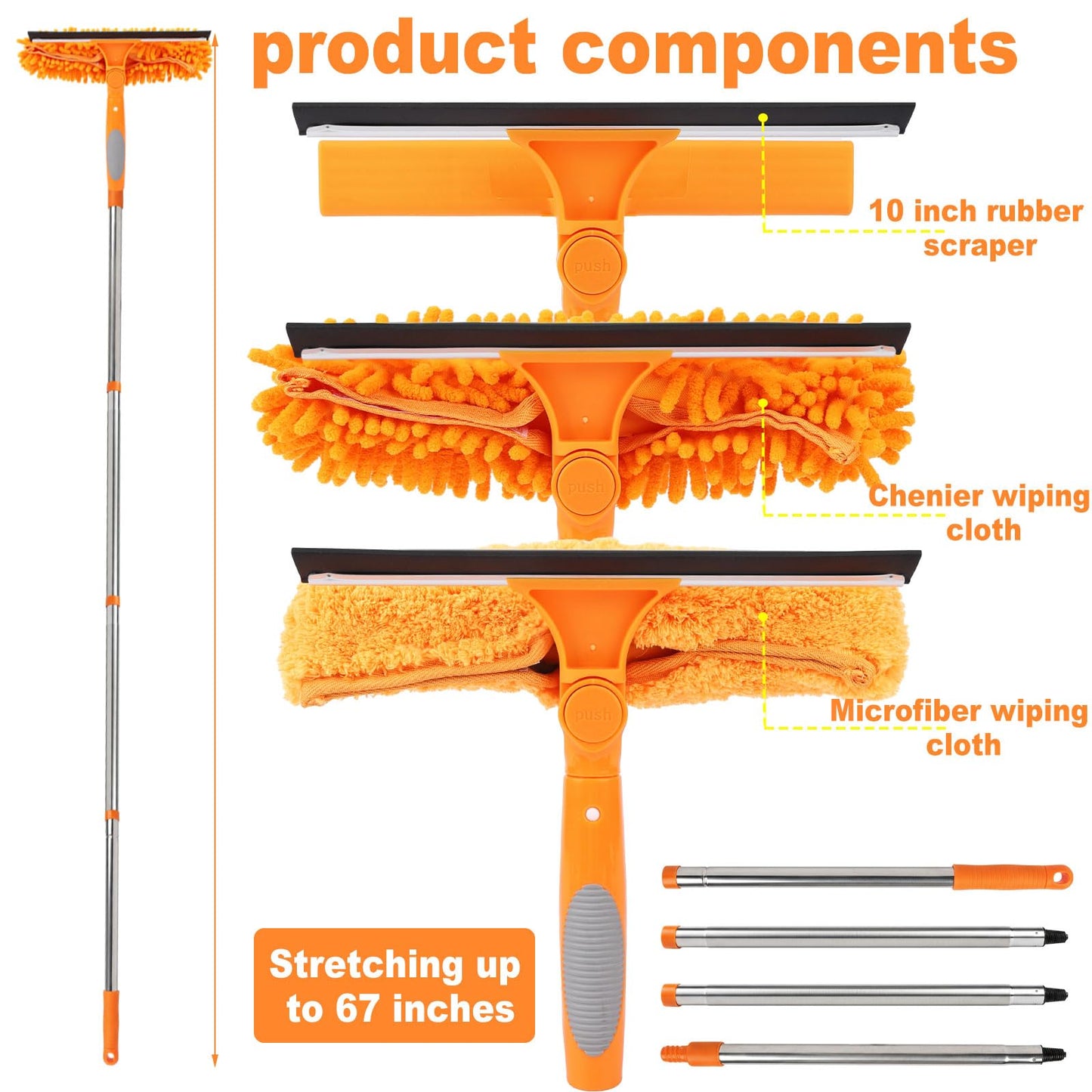 Lemosyu Professional 67" Window Squeegee, 3-in-1 Rotatable Squeegee for Window Cleaning with Extension Poles, Window Cleaner Tool Kit for Indoor