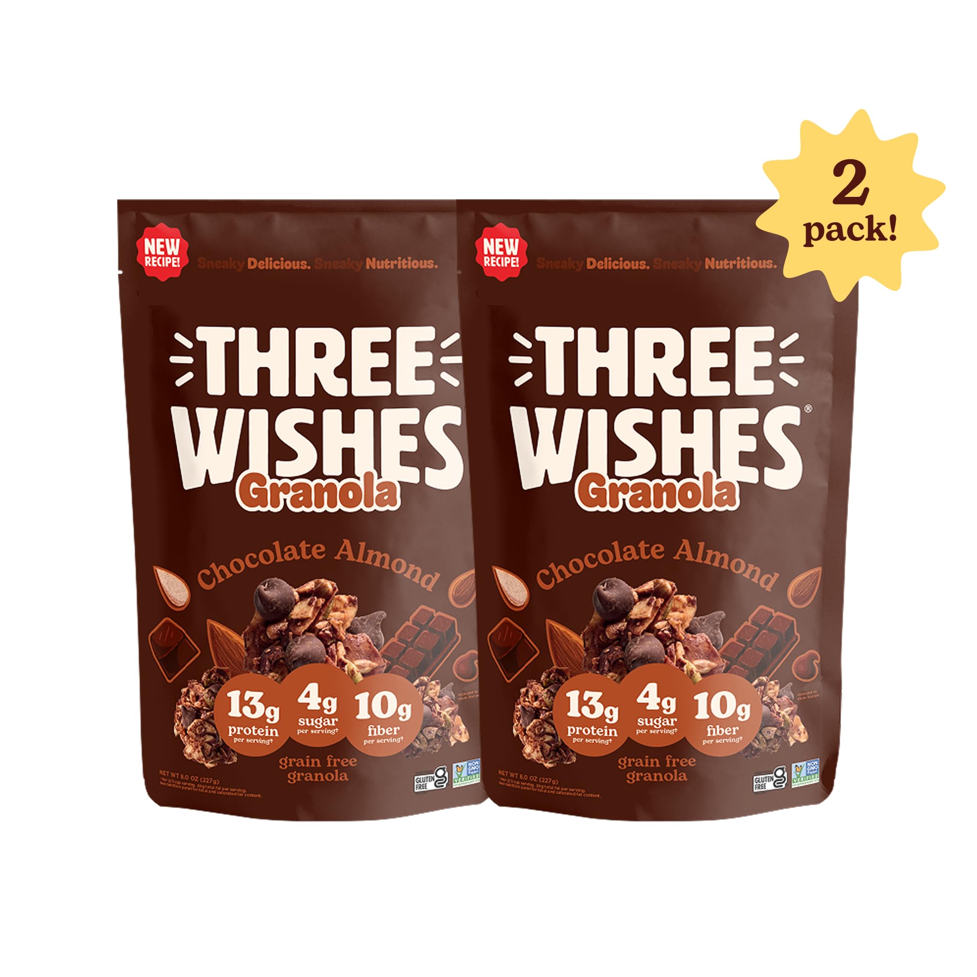 Three Wishes Granola - 13g of Protein & 4g of Sugar - Healthy Breakfast & On-the-Go Snack - Vegan, Kosher, & Grain-Free (8 Ounce Boxes, Pack of 2)