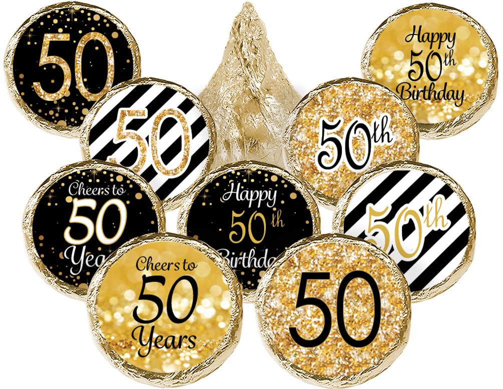 50th Birthday Candy Stickers, Black and Gold, 180 Count, 0.75" Round