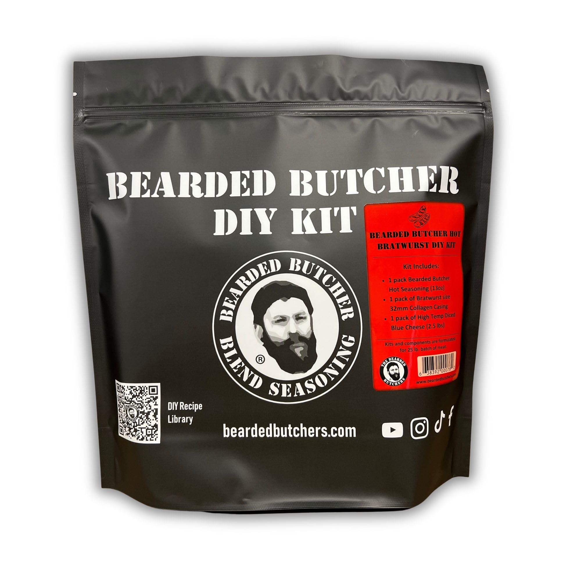 Bearded Butchers Hot Bratwurst DIY Kit - Spicy Habanero & Blue Cheese Bratwurst - Includes Hot Seasoning, High Temp Blue Cheese, 32mm Collagen Casings