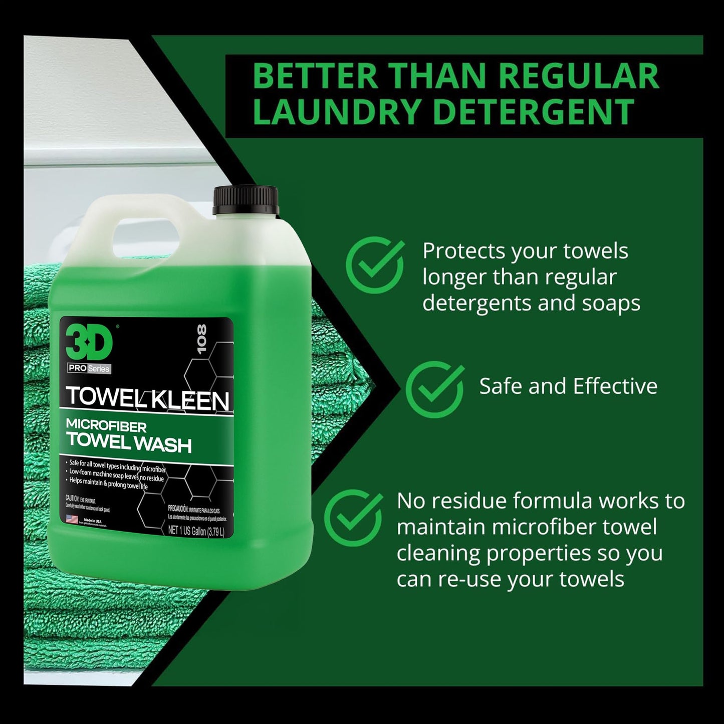 3D Towel Kleen Concentrated Microfiber Detergent - Deep Cleans, Restores & Maintains Car Wash Towel Life - Low Foam, No Residue Premium Laundry Soap 1