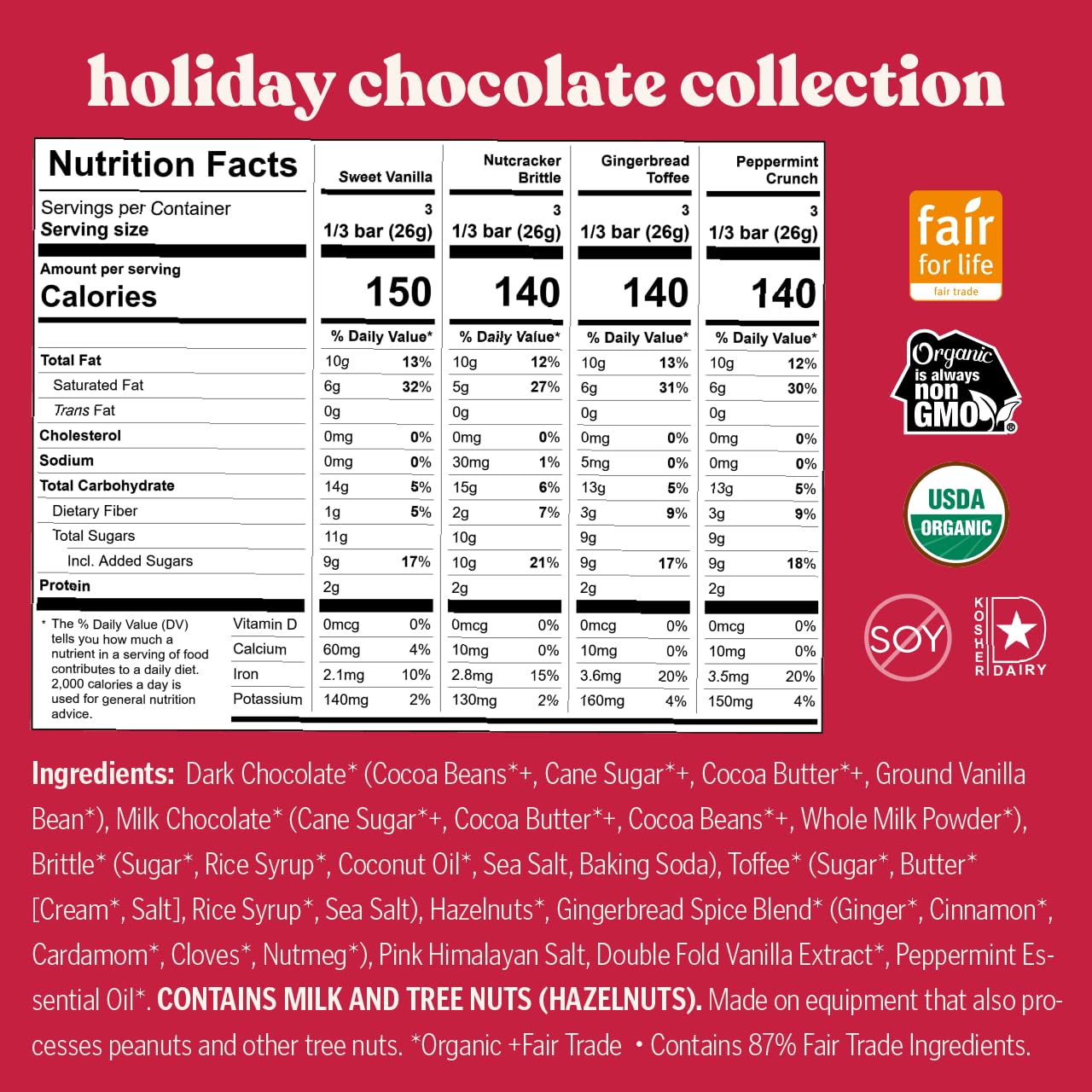 Theo Chocolate Holiday 4-Pack Organic Chocolate Bar Variety Gift Pack