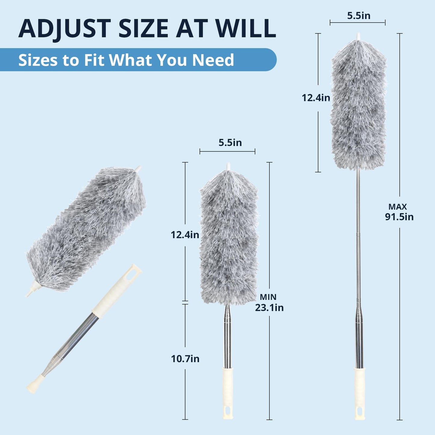 ZZ LAZYCOTTAGE Duster with Extension Pole & Flexible Head, Gray Feather Duster, Long Ddusters for Cleaning for High Ceilings, Walls, Fans, Cobweb