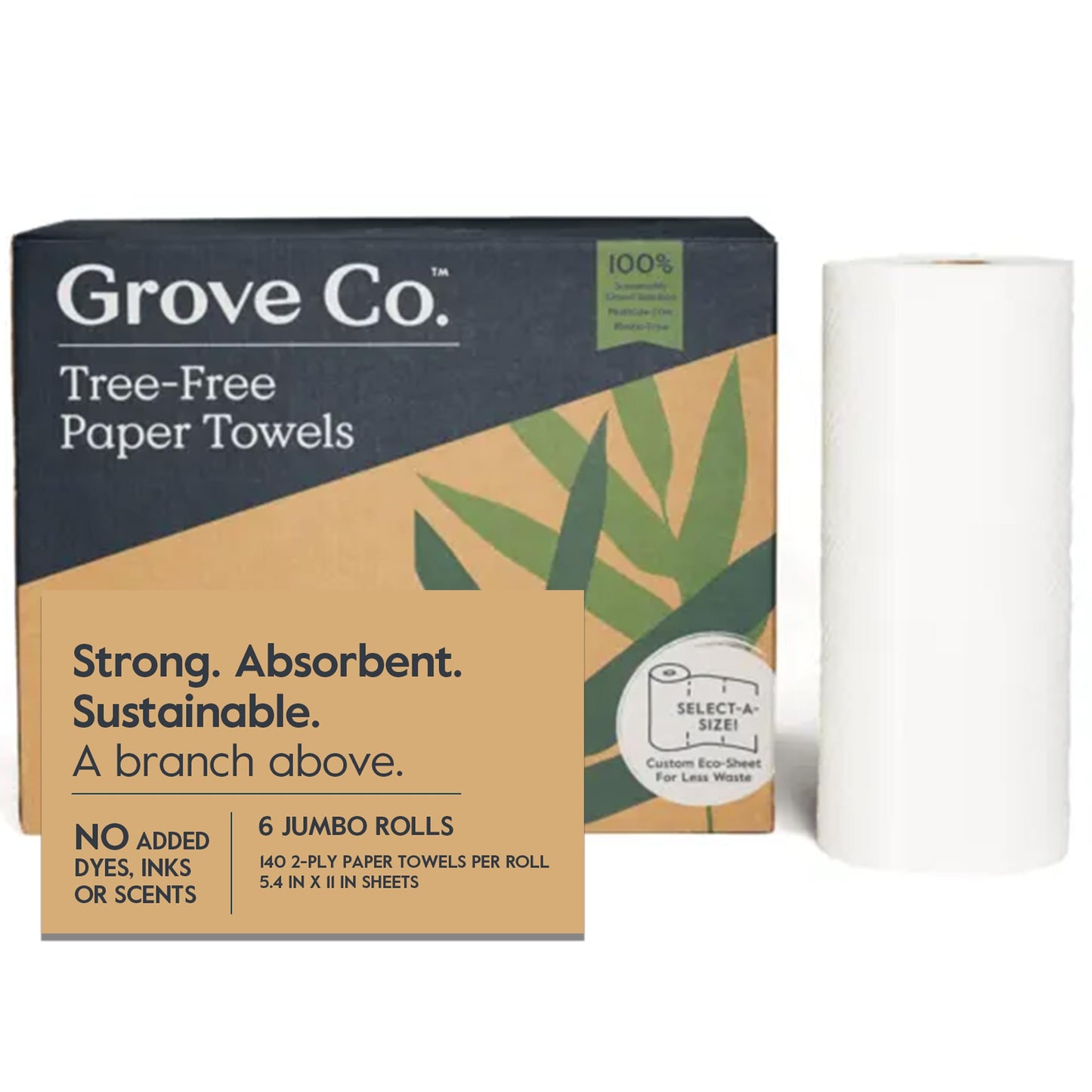 Grove Co. Bamboo Paper Towels, Tree Free & Sustainable Kitchen Paper Towels, Strong & Absorbent with Custom Select Sheets for Less Waste, Zero Plastic