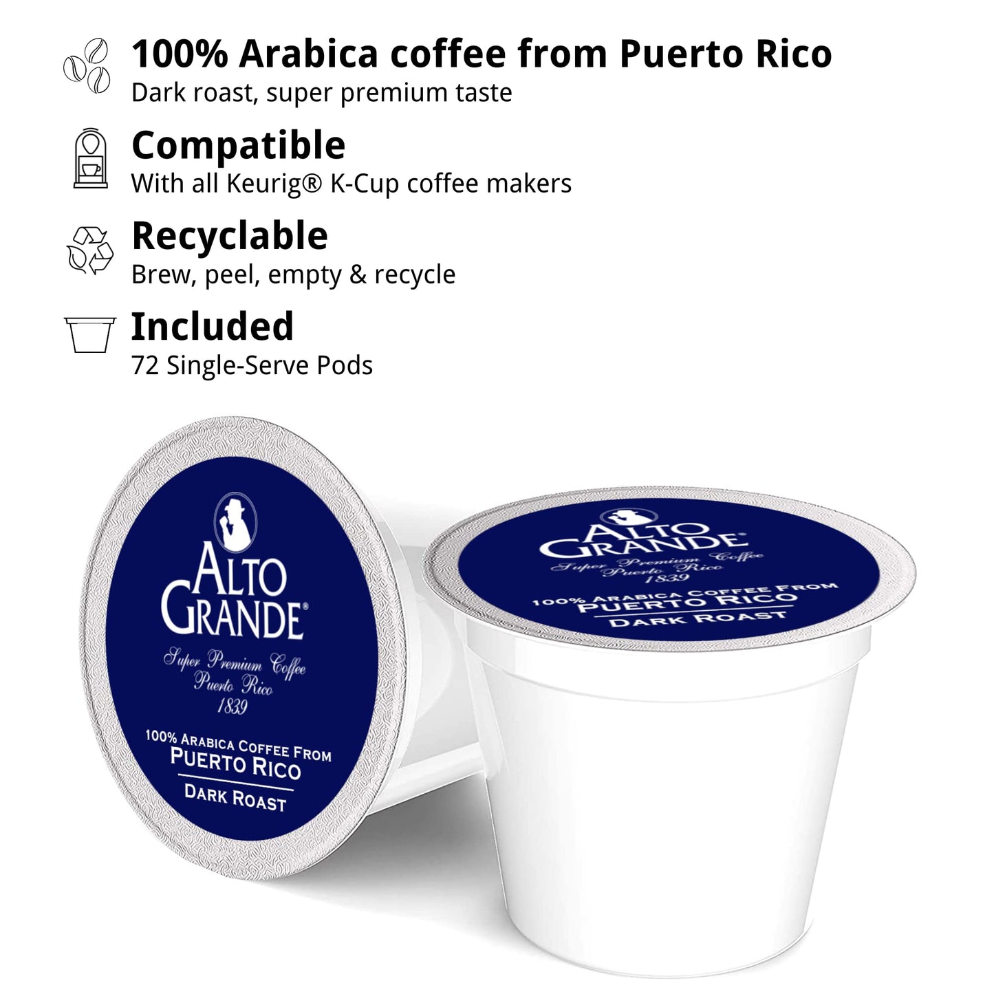 Alto Grande Ground Dark Roast Arabica Coffee Single-Serve Pods, 72 Count, Compatible with Keurig K Cup Brewers