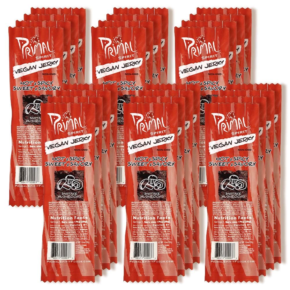 Primal Spirit Vegan Jerky “SHIITAKE MUSHROOM” - “Classic Flavor” - Hot & Spicy-Sweet & Savory, 10 g. Plant Based Protein, Certified Non-GMO, No