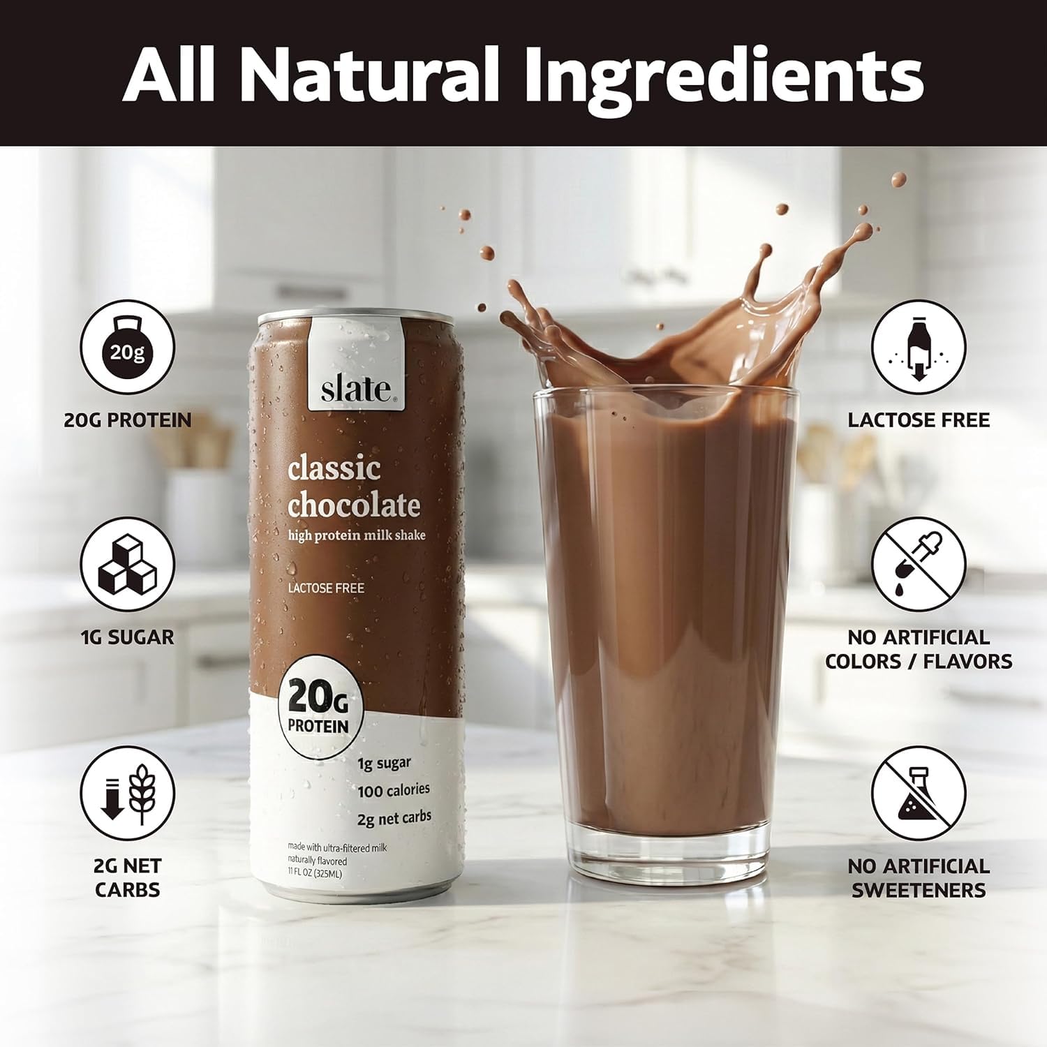 Slate Milk - High Protein Milk Shake - Classic Chocolate - Lactose Free, 20g Protein, 1g Sugar, 100 Calories, 2g Net Carbs, No Added Sugar - Natural