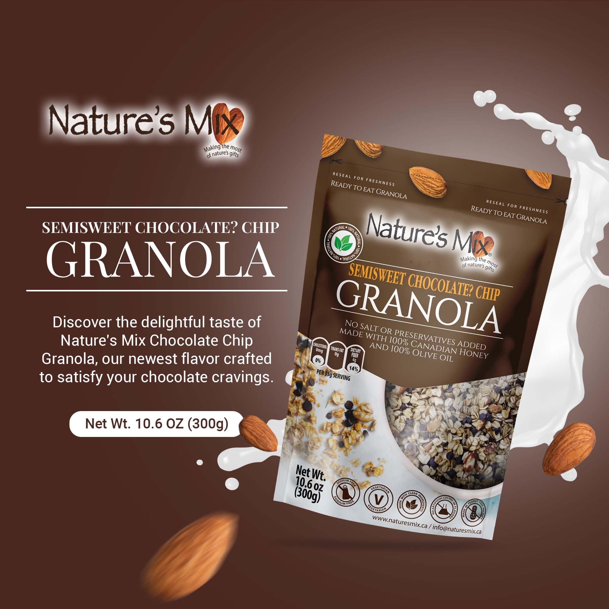 Nature's Mix - Chocolate Chip Granola - Almonds, Chocolate Chips, and Canadian Honey - Dairy and Soy Free - No Added Sugar or Preservatives - Small