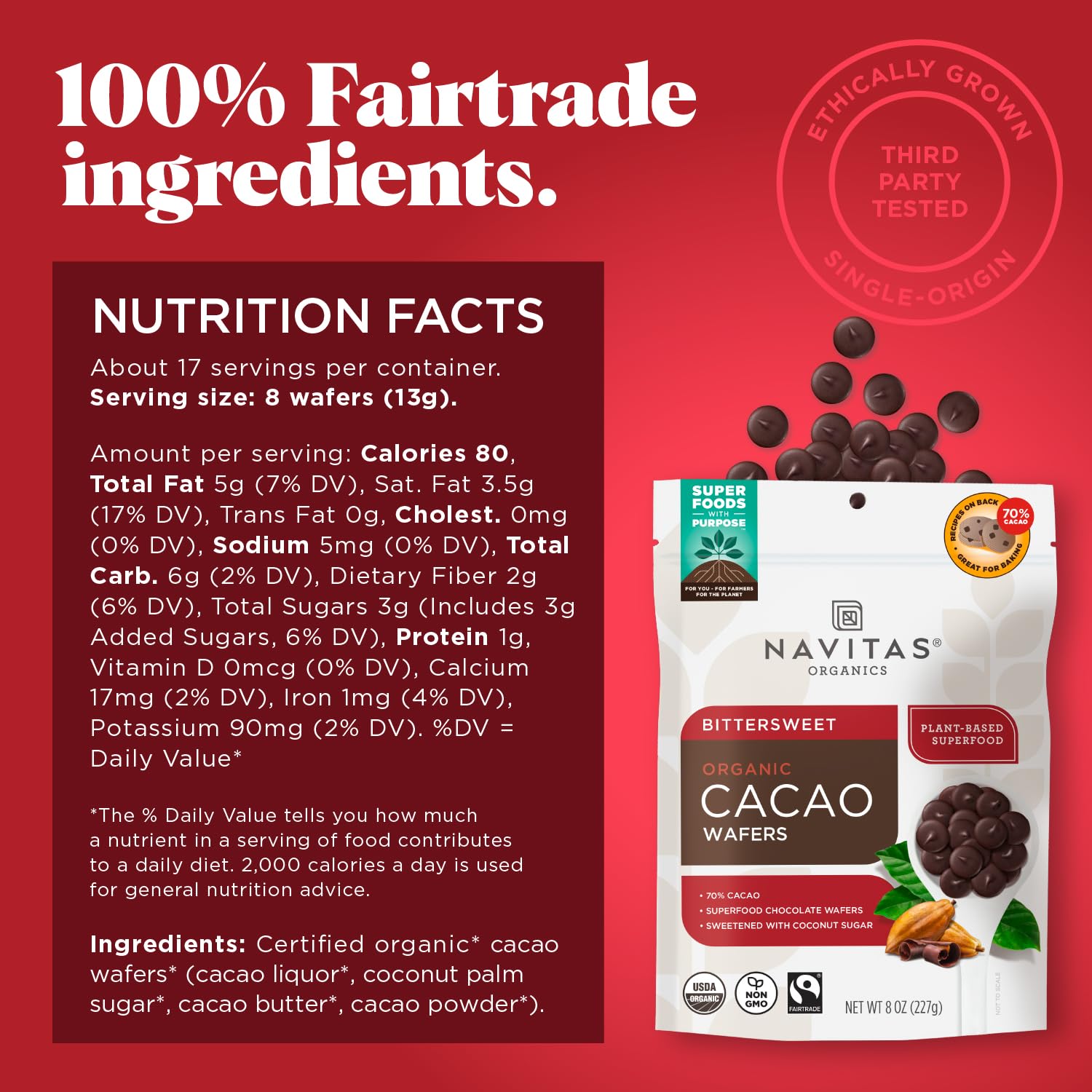 Navitas Organics Organic Bittersweet Cacao Wafers, 8oz - Organic, Fairtrade, Non-GMO, Gluten-Free