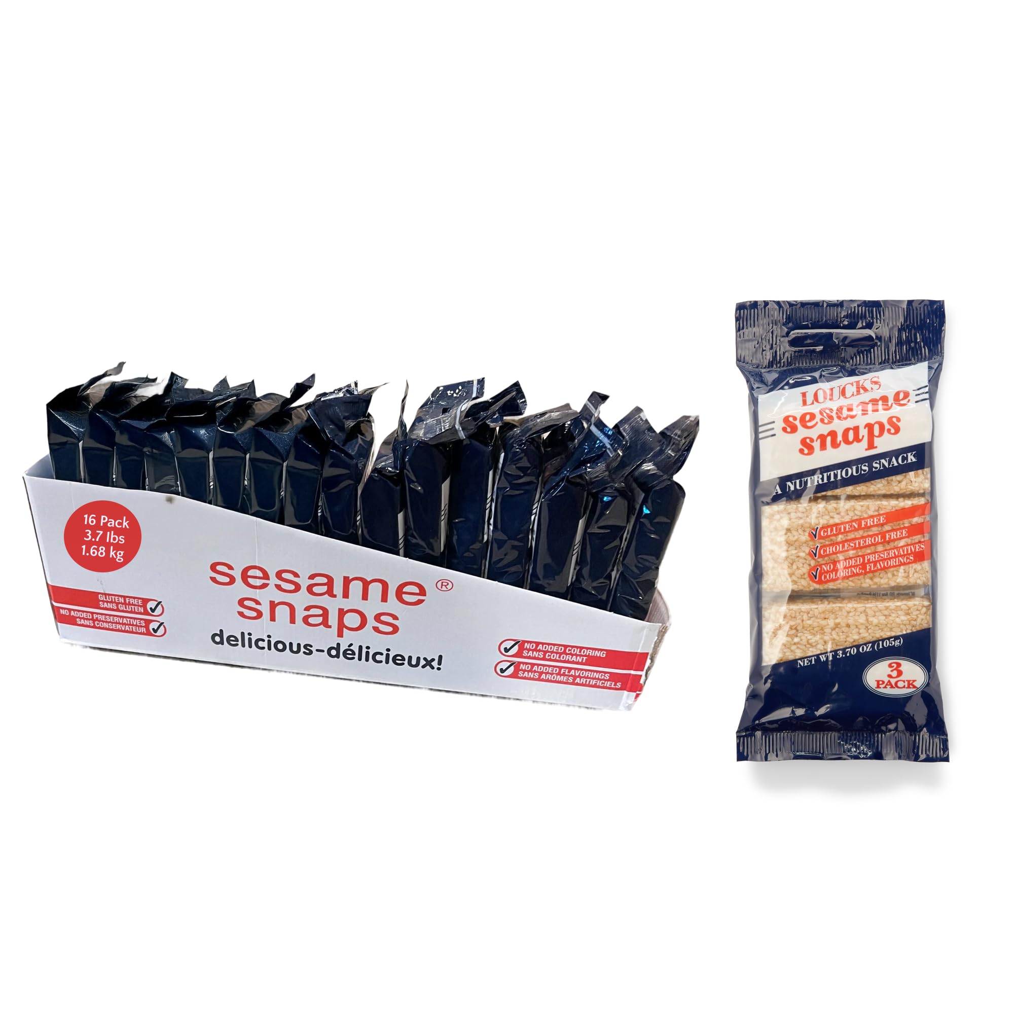 Loucks Original Sesame Snaps Candy Individually Wrapped 16 Three-Packs (48 Bars, 4 Snap Pieces/Bar) Vegan, Gluten-Free, Cholesterol-Free, Kosher