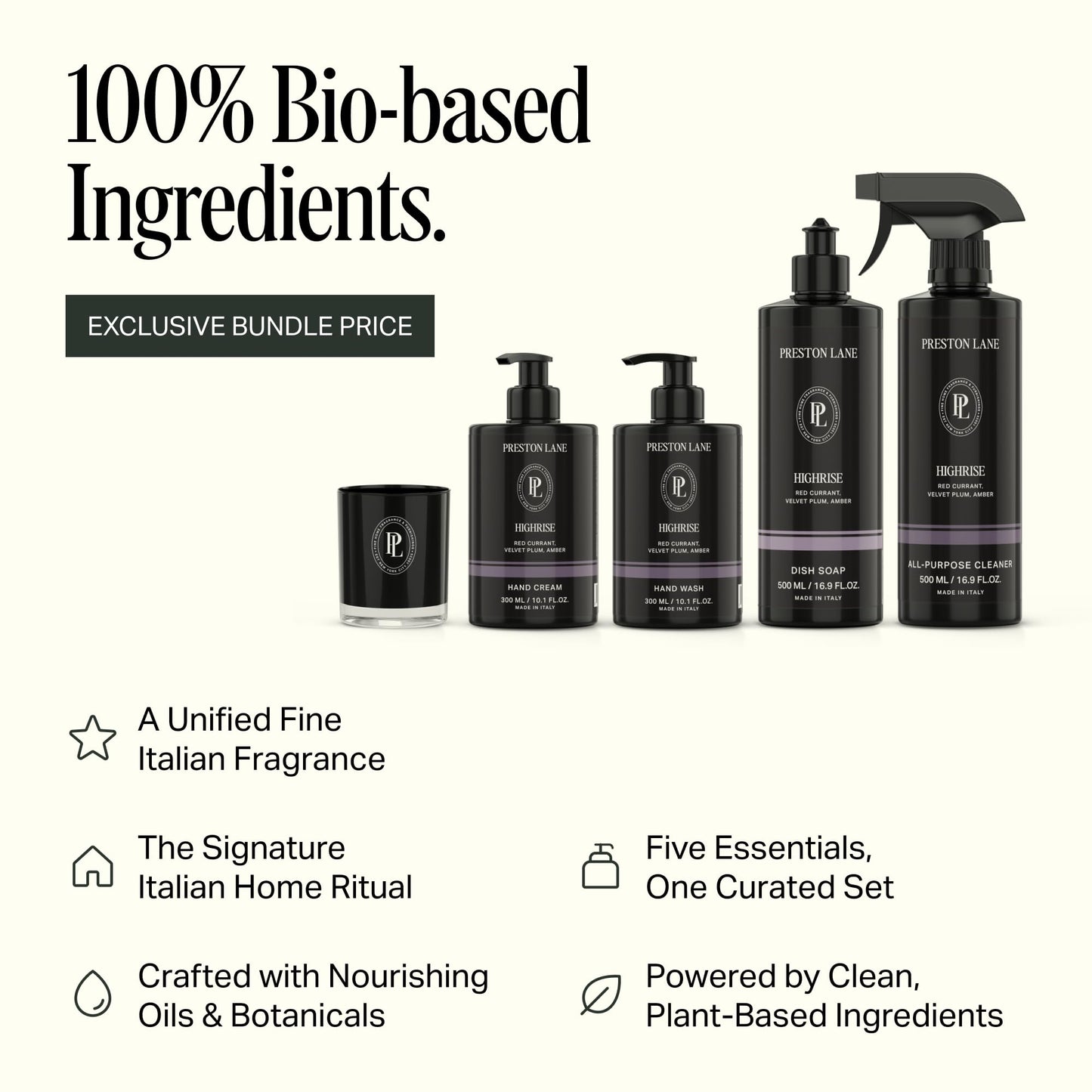 Preston Lane Signature Home Set - All Purpose Cleaner, Dish Soap, Hand Wash, Hand Cream & Scented Candle | Plant-Powered Cleaning & Care Essentials