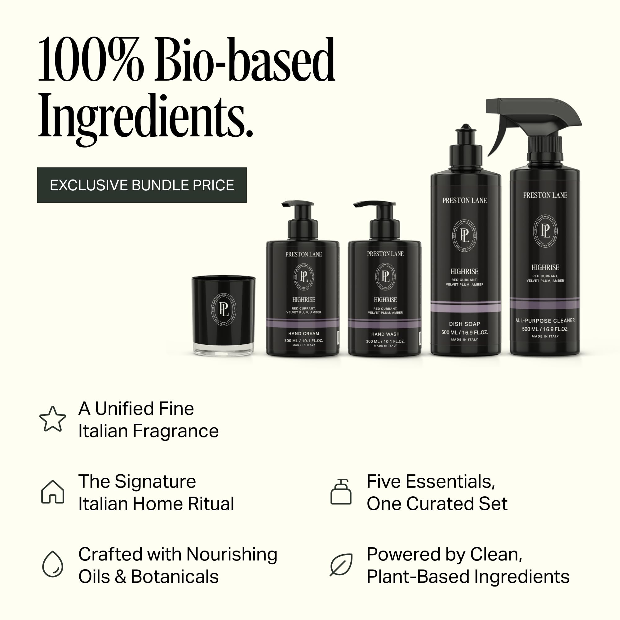 Preston Lane Signature Home Set - All Purpose Cleaner, Dish Soap, Hand Wash, Hand Cream & Scented Candle | Plant-Powered Cleaning & Care Essentials