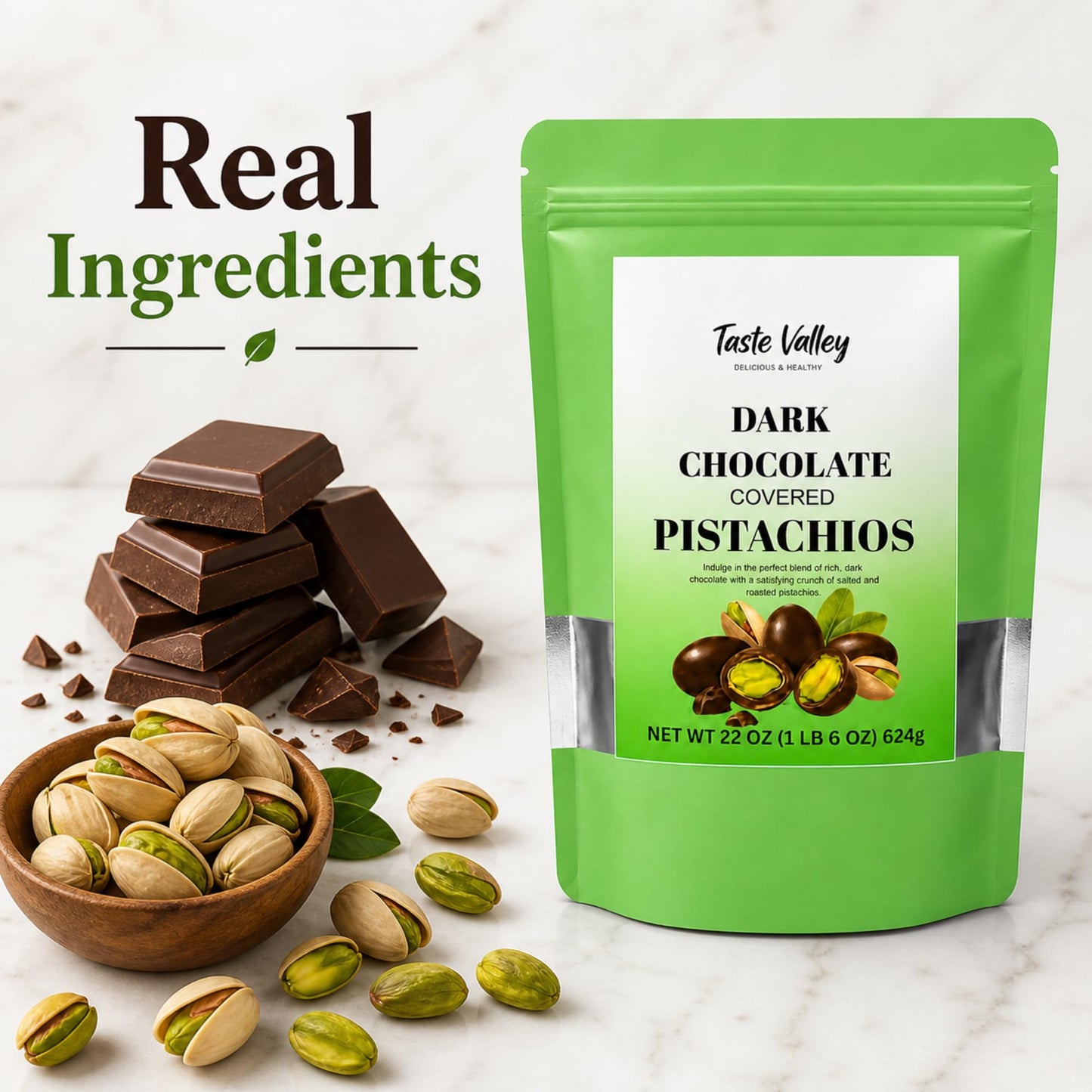 Taste Valley Dark Chocolate Covered Pistachios - 22 oz | Dry Roasted Sea Salted | Sweet & Salty Gourmet Snack | No Artificial Flavors | Gluten Free |