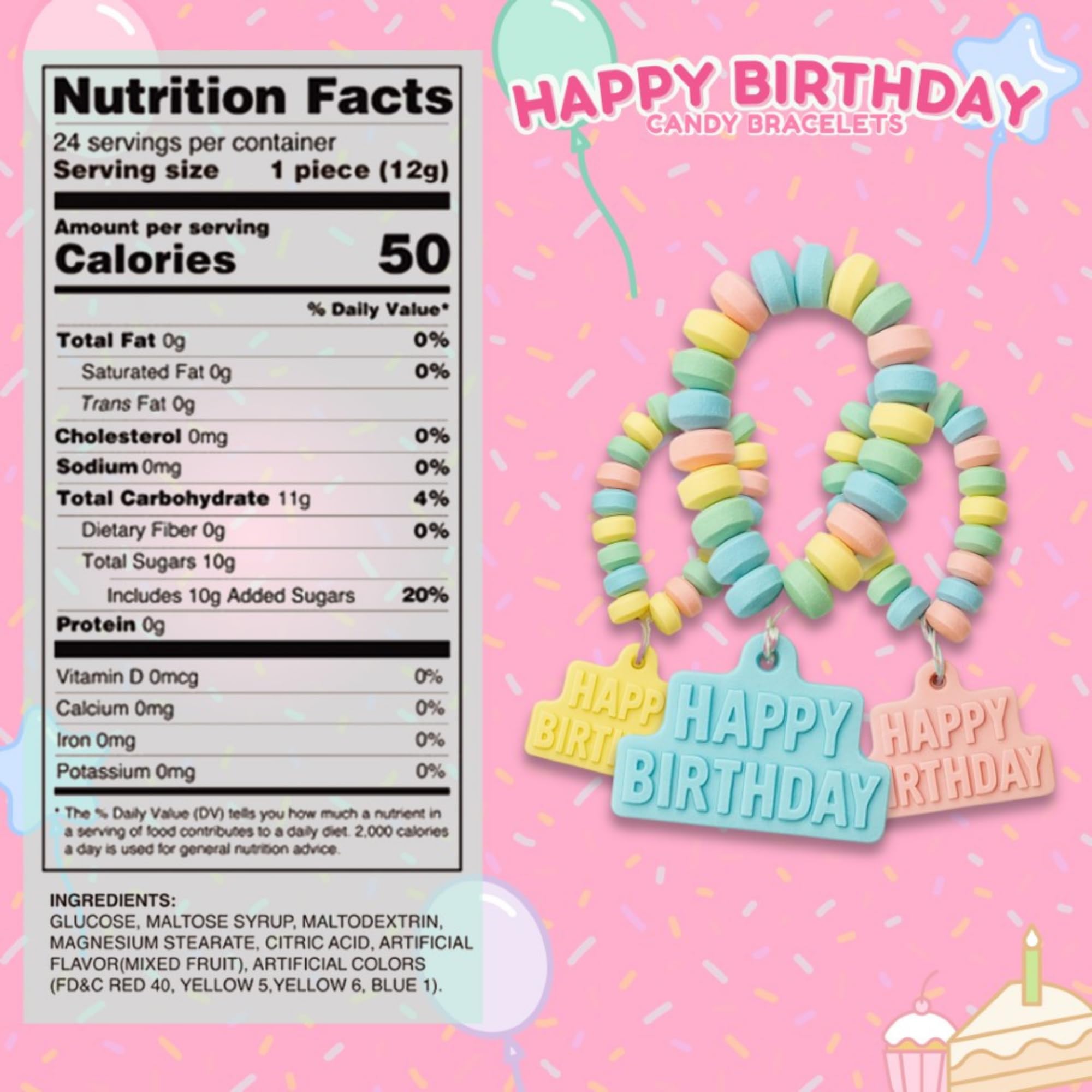 Happy Birthday Candy Bracelets, Individually Wrapped Bulk Party Favors, 24 Pieces Inside, 10.16 Ounces