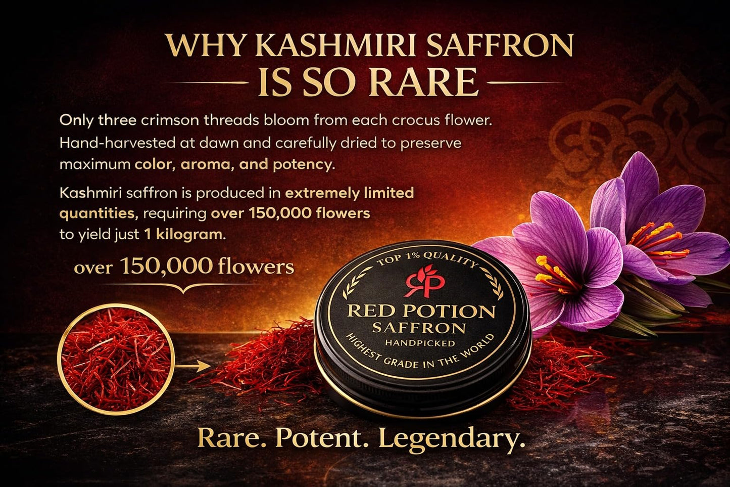 Red Potion Saffron, Kashmiri Premium Saffron Threads, Grade AAA+ Super Negin, Non-GMO. For Tea, Paella, Rice, Desserts, Golden Milk, and Risotto (5