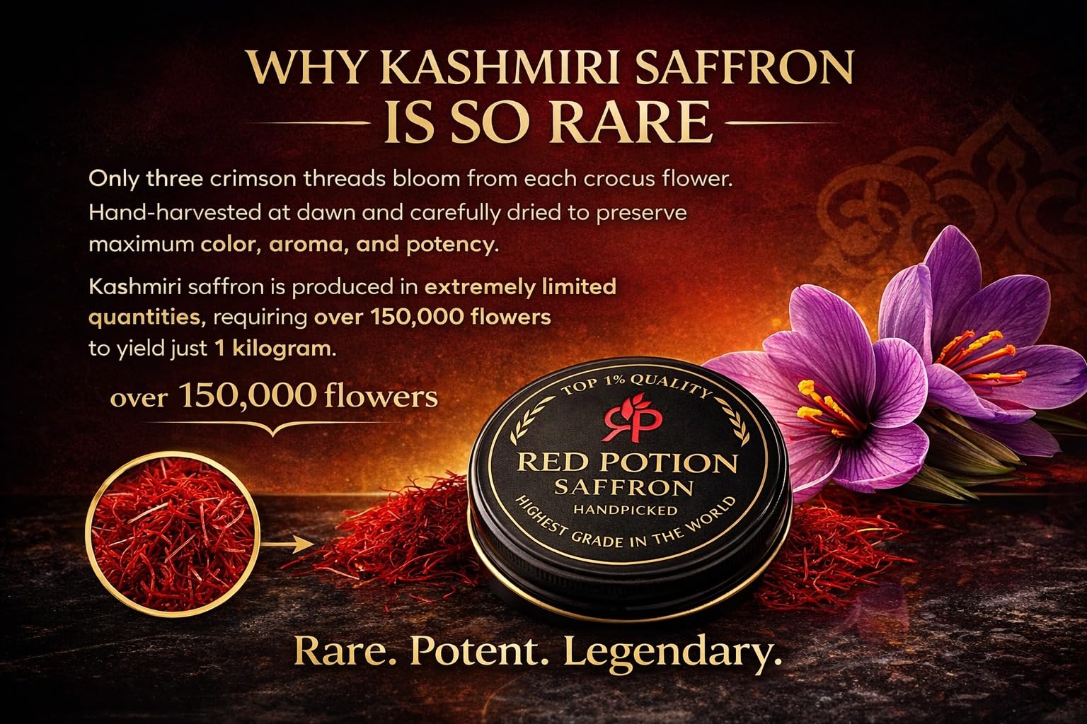 Red Potion Saffron, Kashmiri Premium Saffron Threads, Grade AAA+ Super Negin, Non-GMO. For Tea, Paella, Rice, Desserts, Golden Milk, and Risotto (5