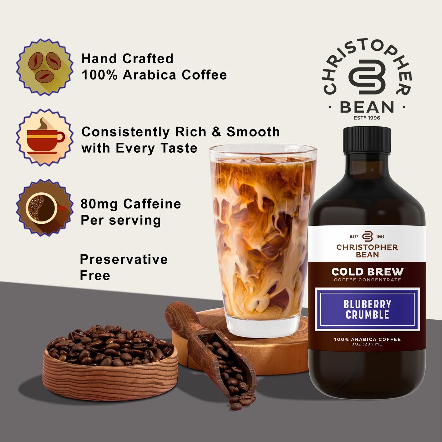 Christopher Bean Hand Crafted Blueberry Crumble Flavored Coffee - Unsweetened Cold Brew & Iced Instant Coffee Distillate Liquid Java - Blueberry