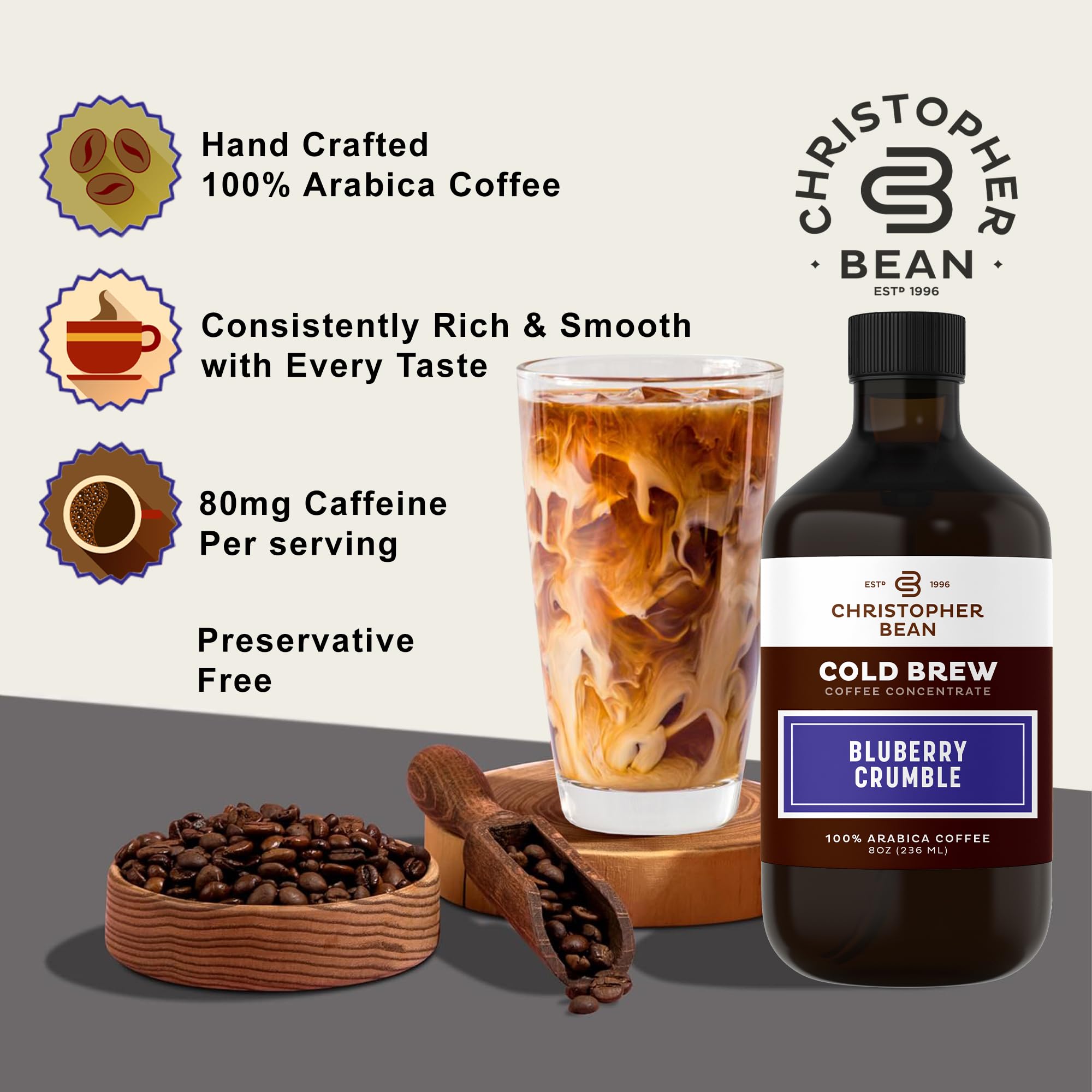 Christopher Bean Hand Crafted Blueberry Crumble Flavored Coffee - Unsweetened Cold Brew & Iced Instant Coffee Distillate Liquid Java - Blueberry