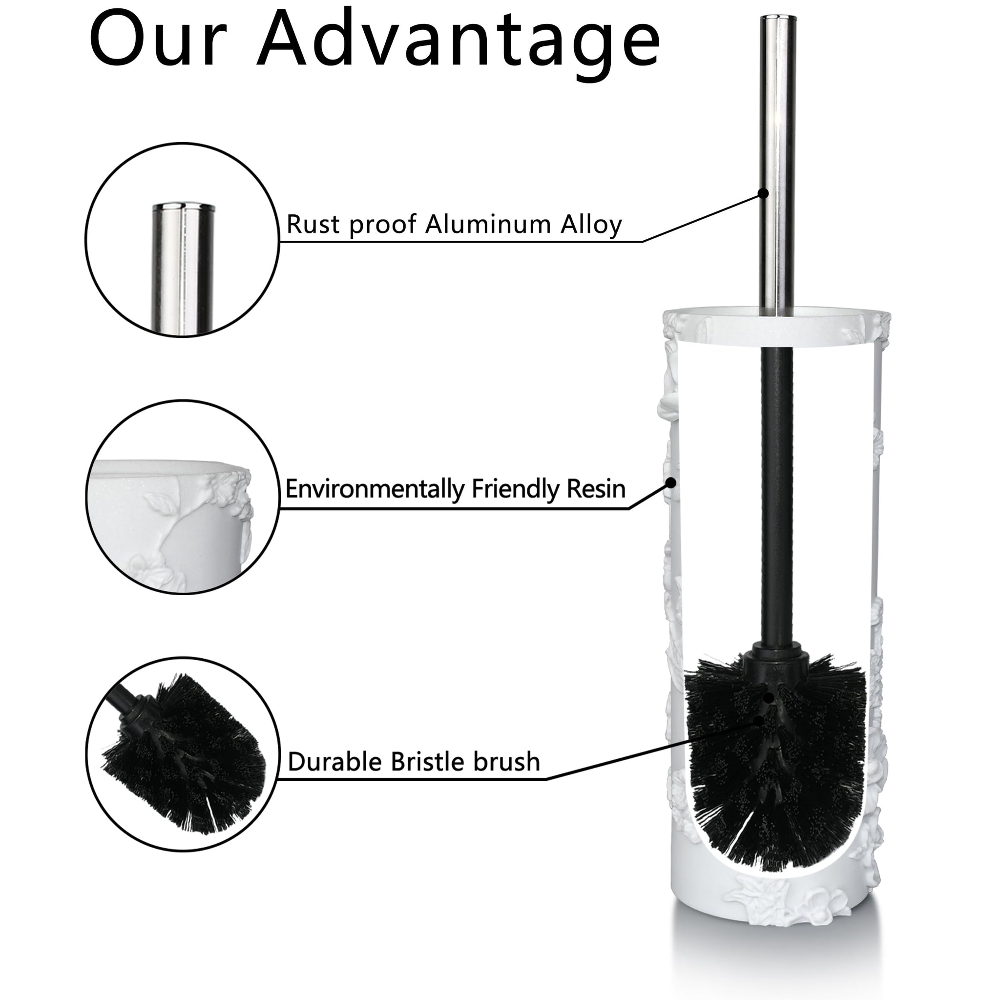 Indecor Home White Floral Branches Design Resin Toilet Bowl Brush and Holder Set, Elegant Bathroom Cleaning Tool with Durable Bristles, Compact
